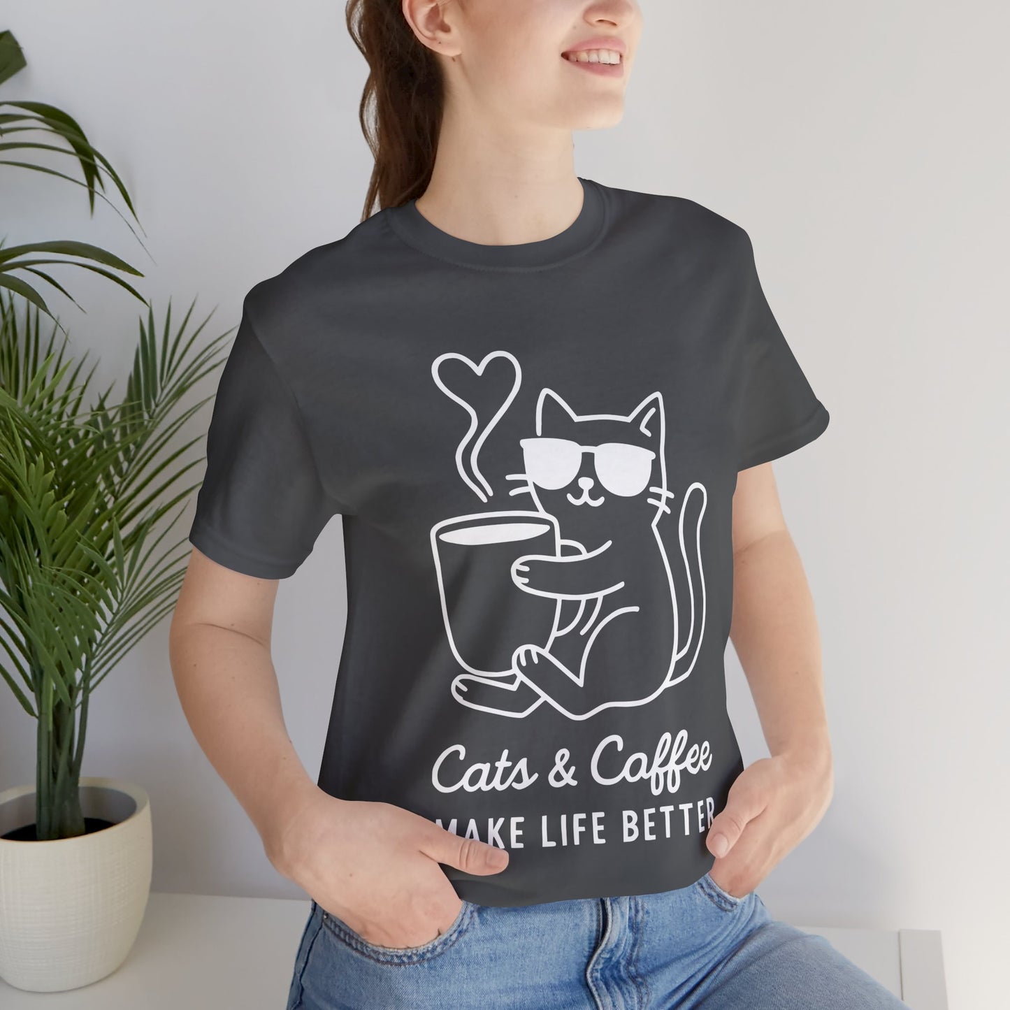 Cats & Coffee Make Life Better T-Shirt – Minimalist Cat & Coffee Lovers Tee