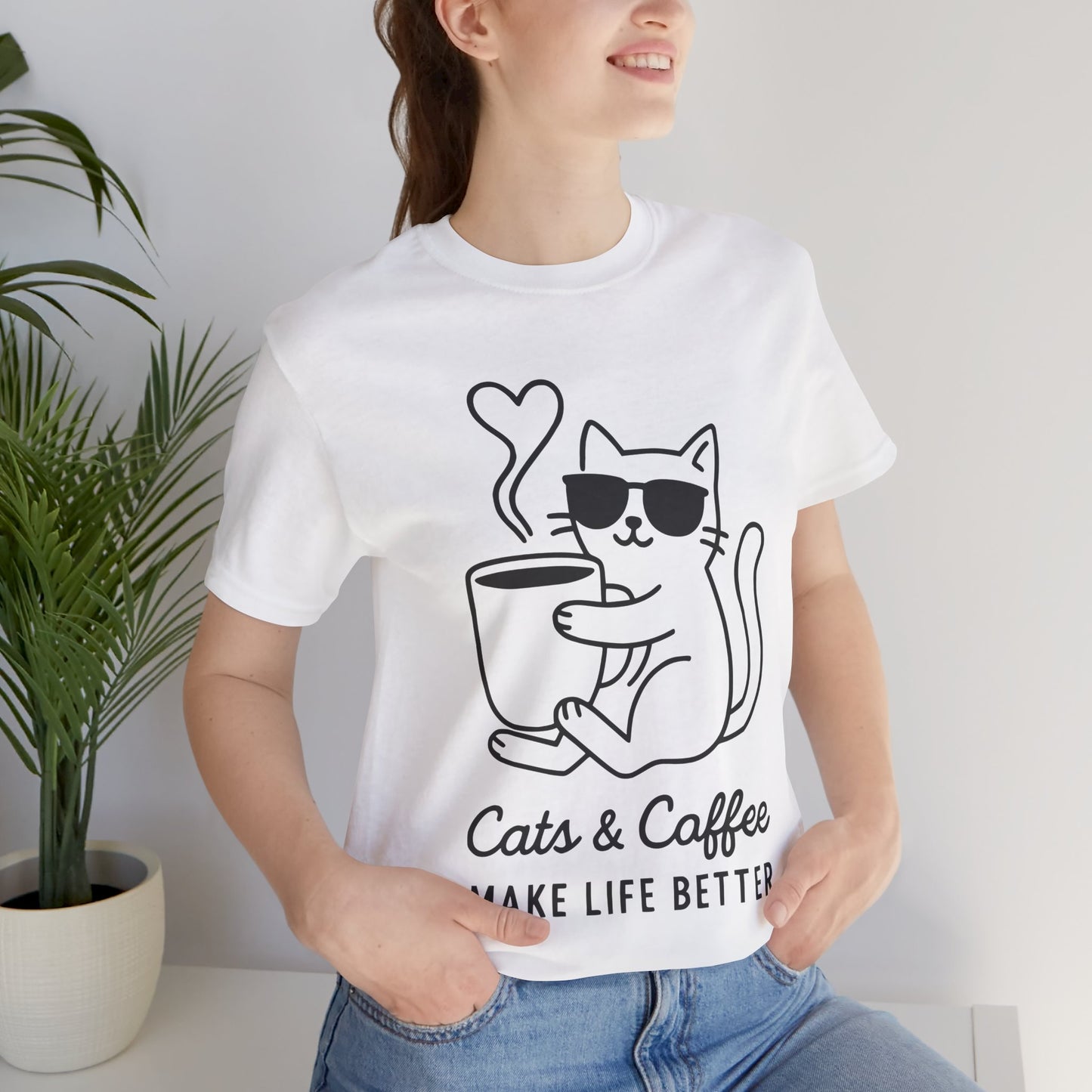 Cats & Coffee Make Life Better T-Shirt – Minimalist Cat & Coffee Lovers Tee