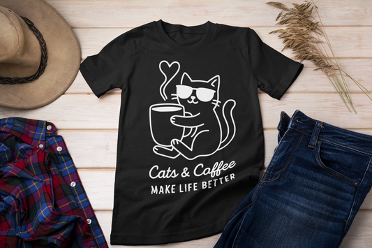 Cats & Coffee Make Life Better T-Shirt – Minimalist Cat & Coffee Lovers Tee