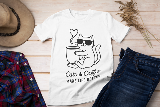 Cats & Coffee Make Life Better T-Shirt – Minimalist Cat & Coffee Lovers Tee